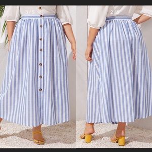 Plus Size Blue and White Striped Button Midi Skirt